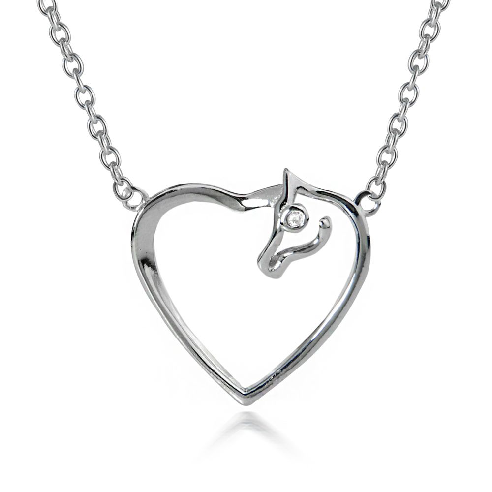 Horse Lover Heart w/CZs Rhodiumplated Sterling Silver Pendant - Click Image to Close